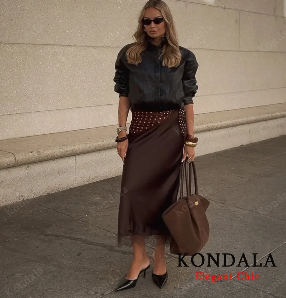 KONDALA Women y Black Brown Skirt Long Lace Satin Straight Autumn Fashion Elegant Party Dinner Mujer 251022