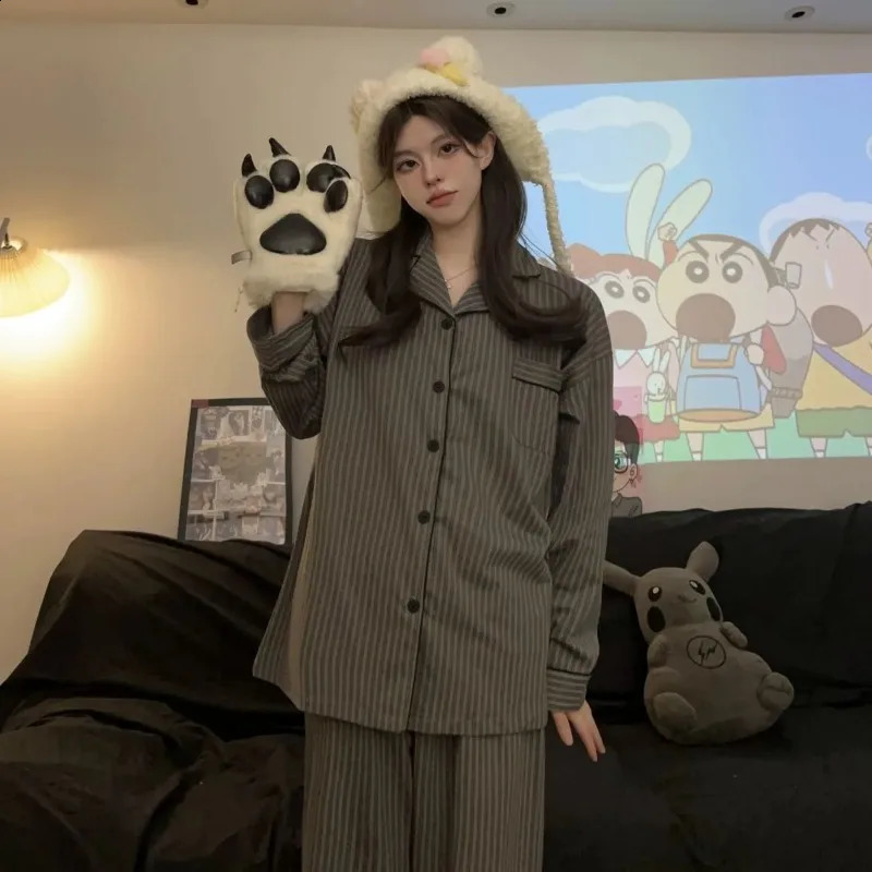 Couple Pajamas for Men Striped Sleepwear Korean Sleeping Night Wear Button Pijama 2 Pcs Pants Sets Autumn Pocket Home Suit 251021