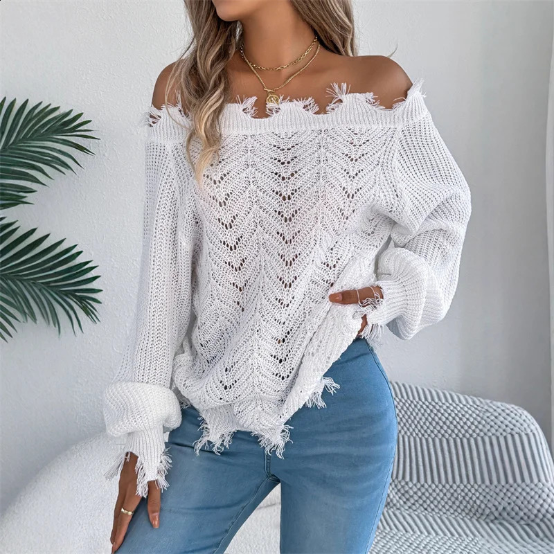 Autumn Winter Fashion off Shoulder Knitted Sweater Women Europe Casual Solid Hollow Pullovers Lady Sexy Long Sleeve Jumpers 251023