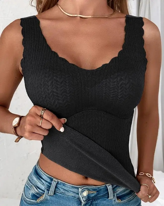 Fashion VNeck Sleeveless Contrast Lace Warm Fleece Lined Padded Tank Top TShirts Pullover Tops Casual 251023