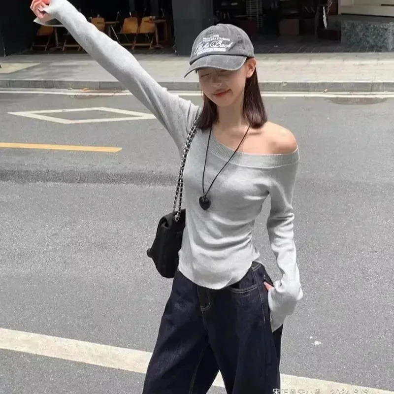 Sexy Pullovers Women Off Shoulder Cropped Knitted Basic Clothes Autumn Allmatch Side Slit Simple Tender Slim Gentle Seductive 251027