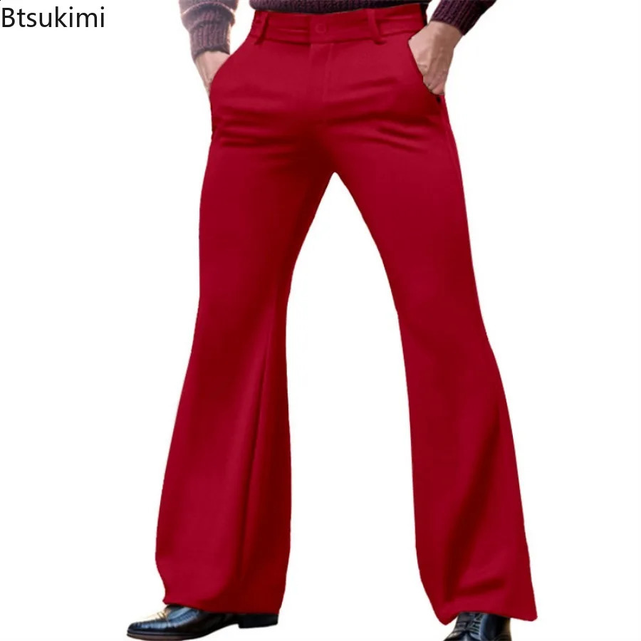 Mens Elegant Flare Pants Solid Basic Stretch Trouser for Wedding Party Club Plus Size Buttons Up Business Male 251023
