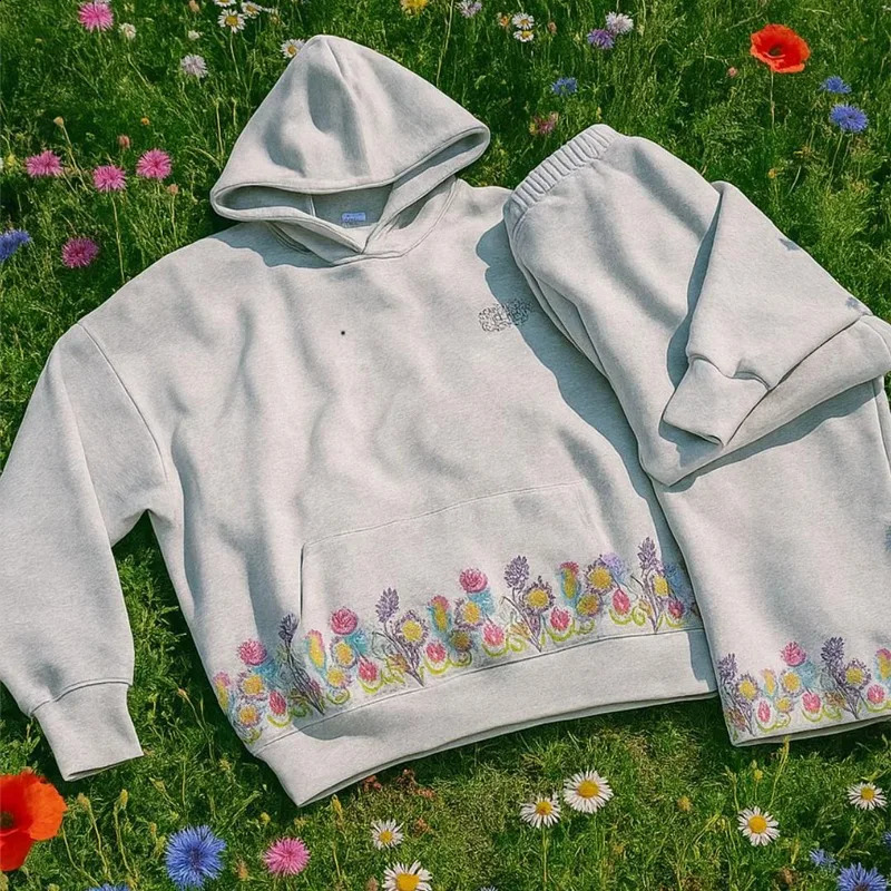 2 Pcs Outerwear Coords Y2K Floral Grey Tracksuit y Hoodie Men Women Sports Fresh Jogging Streetwear Unisex Boxy Set 251023