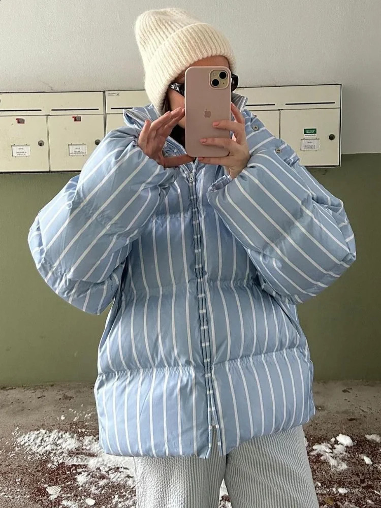 Striped Womens Winter Quilted Jacket Hooded Thicken Single Breasted Long Sleeve Casual Female Coat Chic Loose Outwear 251021
