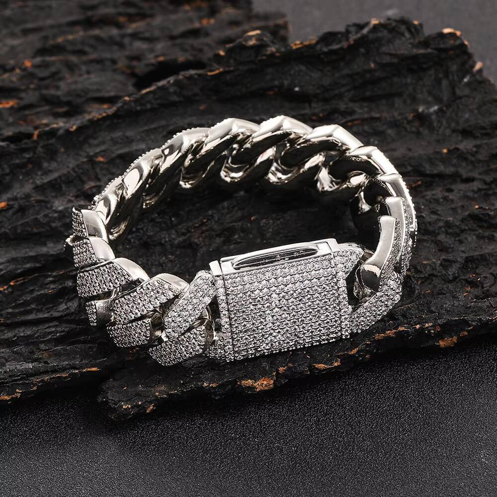 Hip Hop White Gold Prong Cuban Link Chain Bracelet 20mm Iced Diamond Prong Cuban Chain for Women Gold Plated Zircon for Parties