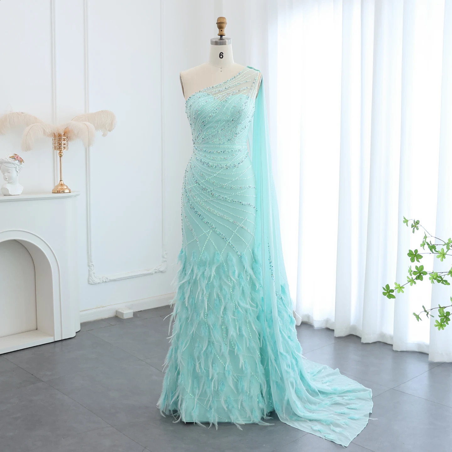 Sharon Said Feather Turquoise Aqua One Shoulder Evening Dresses with Cape Train Prom Wedding Party Gowns SS498 Customized 251020
