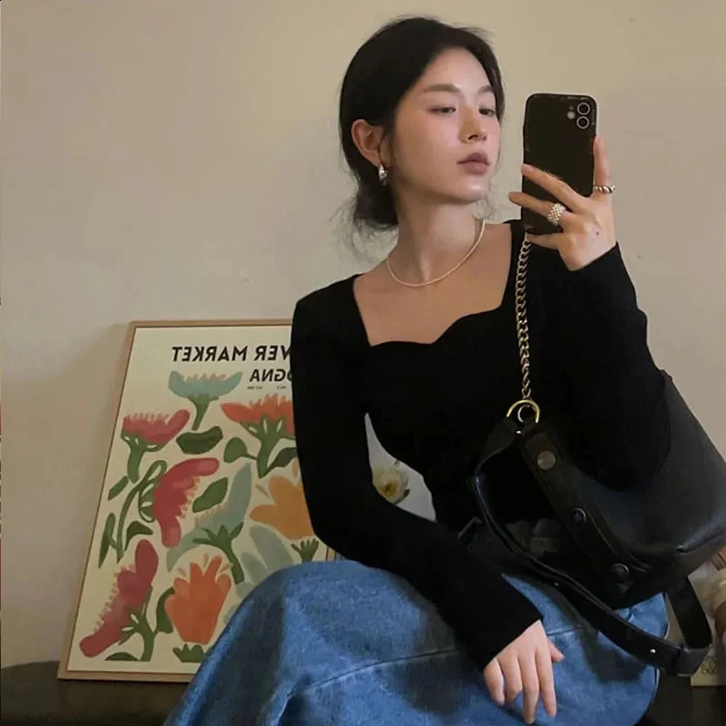 Knitted Pullovers Women Vintage Solid Sweaters Autumn Winter Korean Elegant Slim Knitwear Square Collar All Match Jumpers 251023