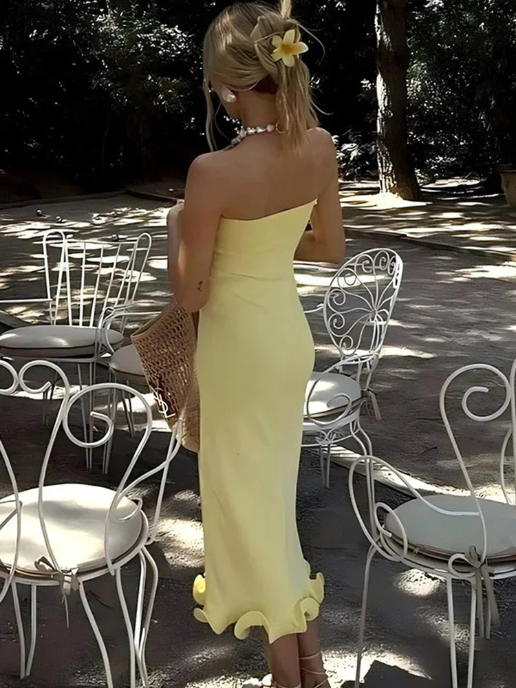 Sexy Tube Top Sleeveless Long Dress For Women Elegant Slim Fit Big Wave Fungus Ear Evening Dresses Sleeveless Summer 251023