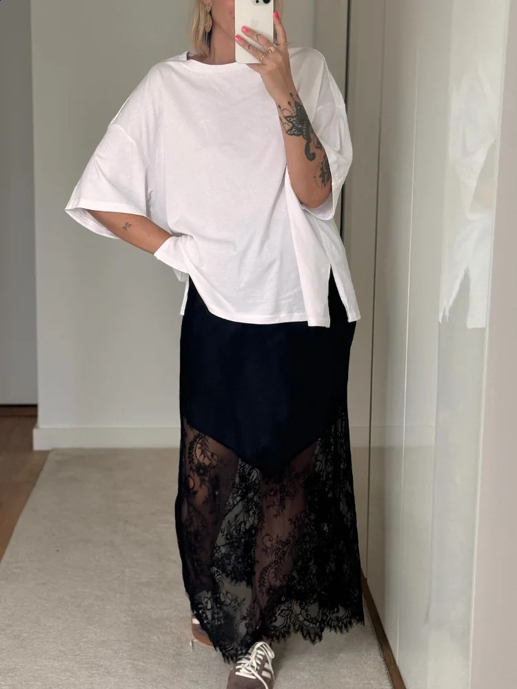 Women Patchwork Lace Skirts High Waist Slim Hollow Out Maxi Autumn Winter Brown Fashion Party Club Boho Skirt 251022