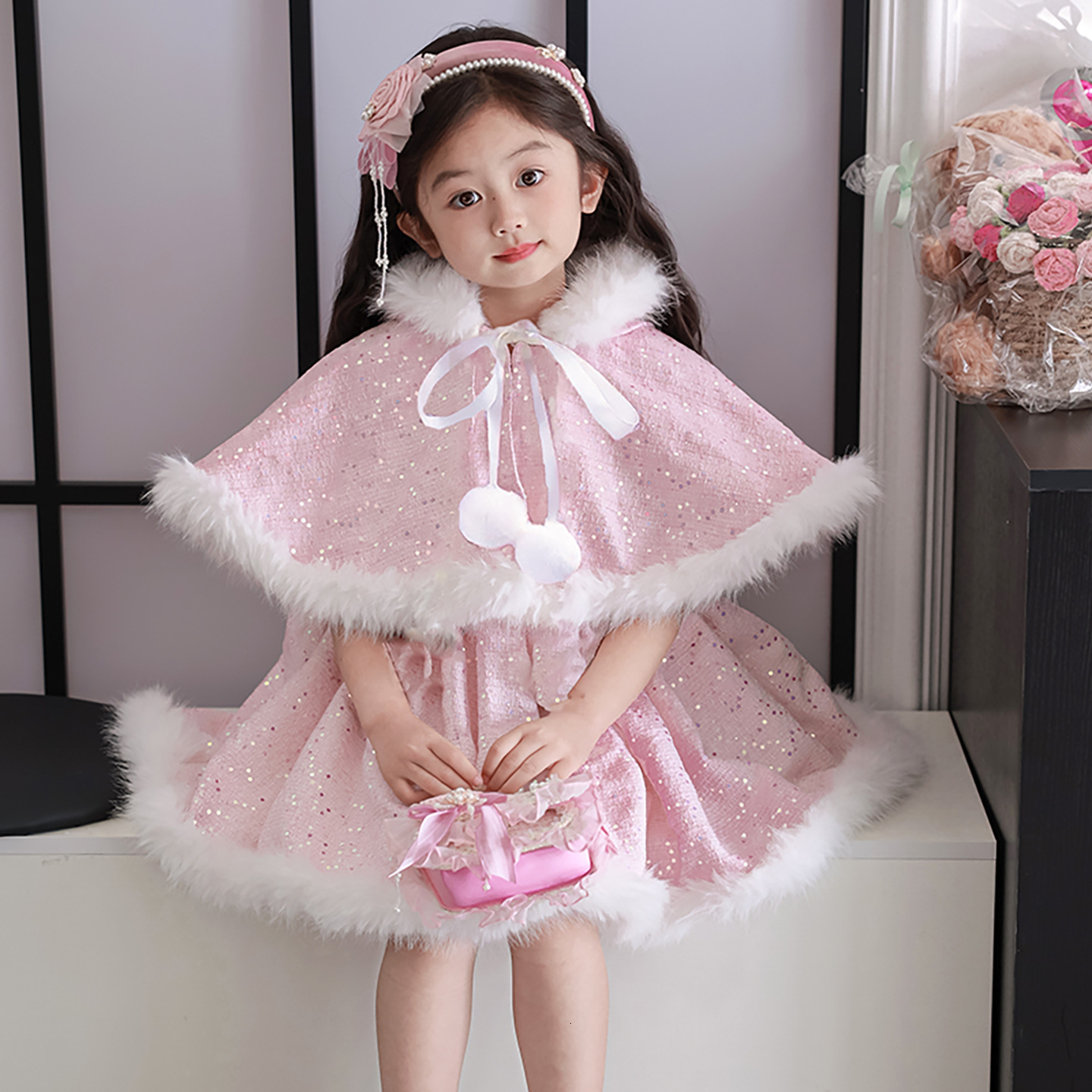 Girl designer princess dress autumn and winter new two-piece set, children's fashion shawl dress, birthday dress, new year's dress