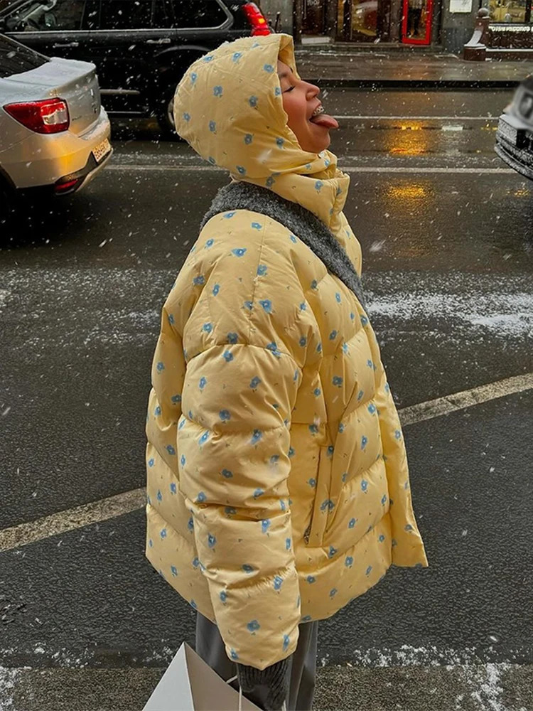 Floral Printed Quilted Womens Coats Detachable Hooded Thicken Long Sleeve Zipper Jacket Autumn Winter Daily All Match Outerwear 251021
