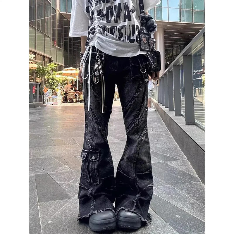 Womens Y2k Baggy Flare Jeans Harajuku Japanese 2000s Style Patchwork Denim Trouser Vintage Oversize Cargo Pants Clothes 251022