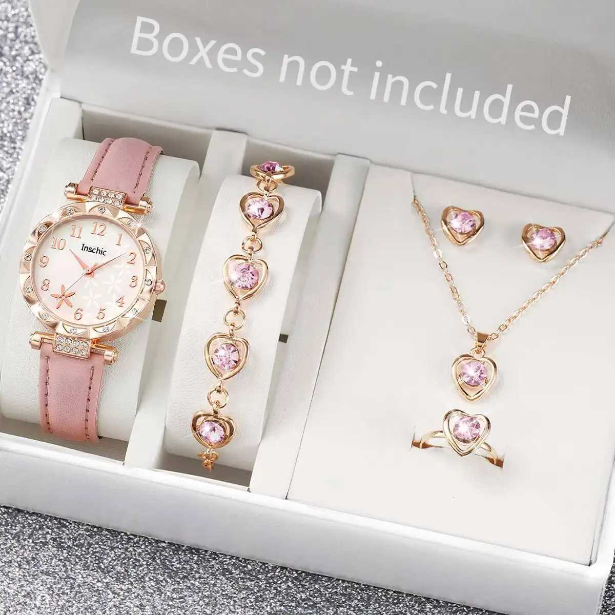 6PCSSet Fashion Flowers Dial Womens Quartz Watch Leather Band Watches Rhinestone Jewelry SetWithout BoxL251023