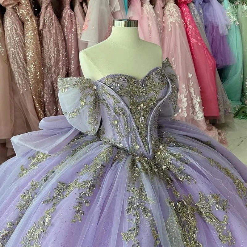 Lavender Shiny Quinceanera Dresses off the shoulder Applique Lace Beading Crystal Tull Bow glitter vestidos de 15 anos sweet 16 dress