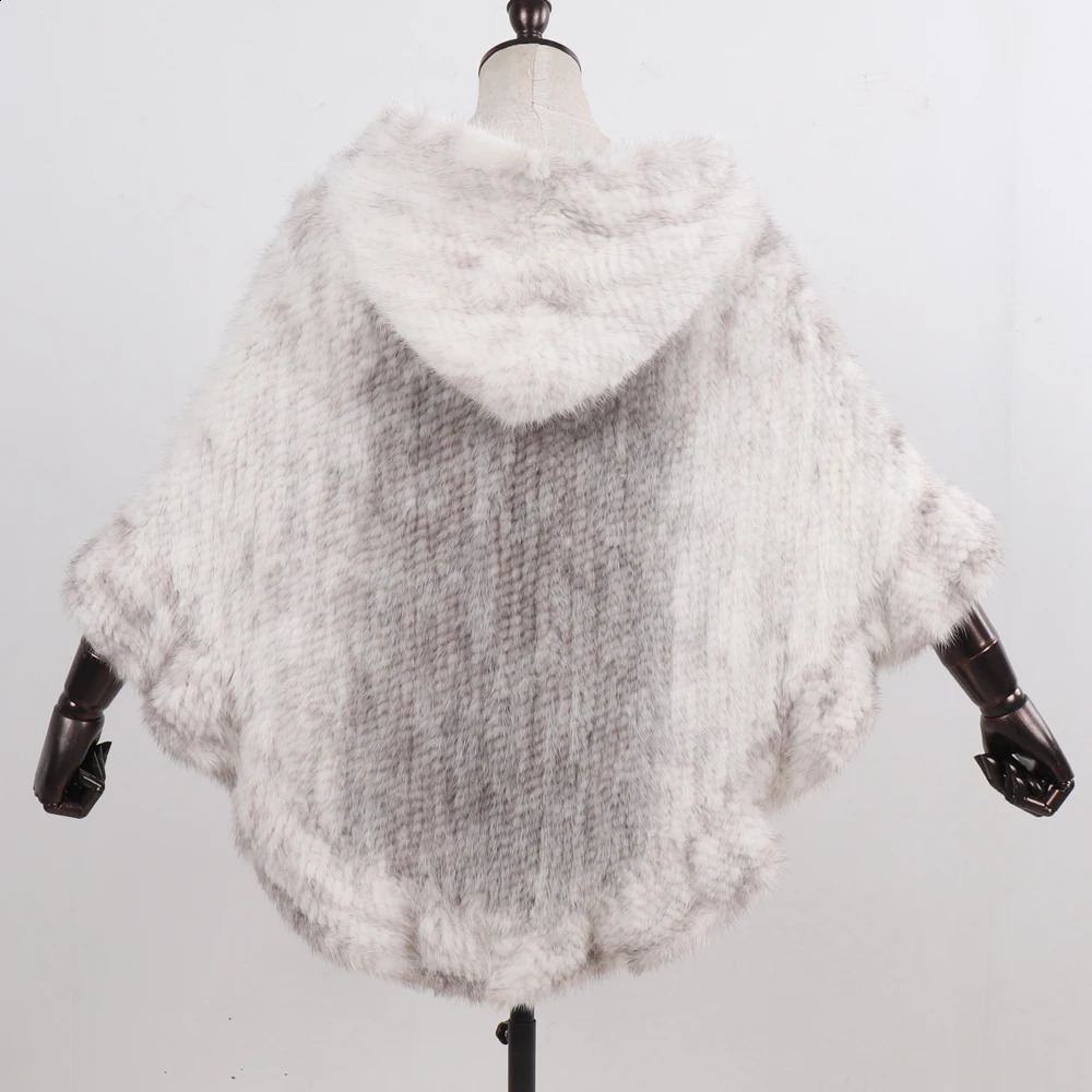 Women Natural Mink Fur Hooded Pashmina Coat 100 Genuine Shawl Lady y Hand Knitted Real Poncho 251022