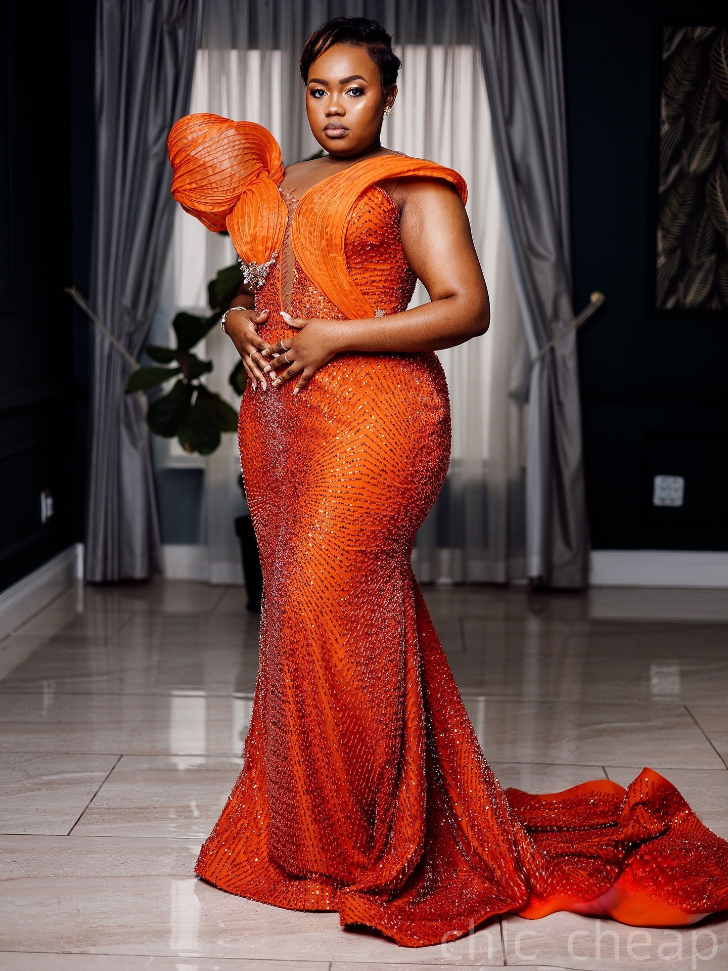 2025 Orange Plus Size Aso Ebi Prom Dress Sheer Neck Crystals Evening Gowns Sequined Mermaid Formal Dress Birthday Party Dress Second Reception Dresses