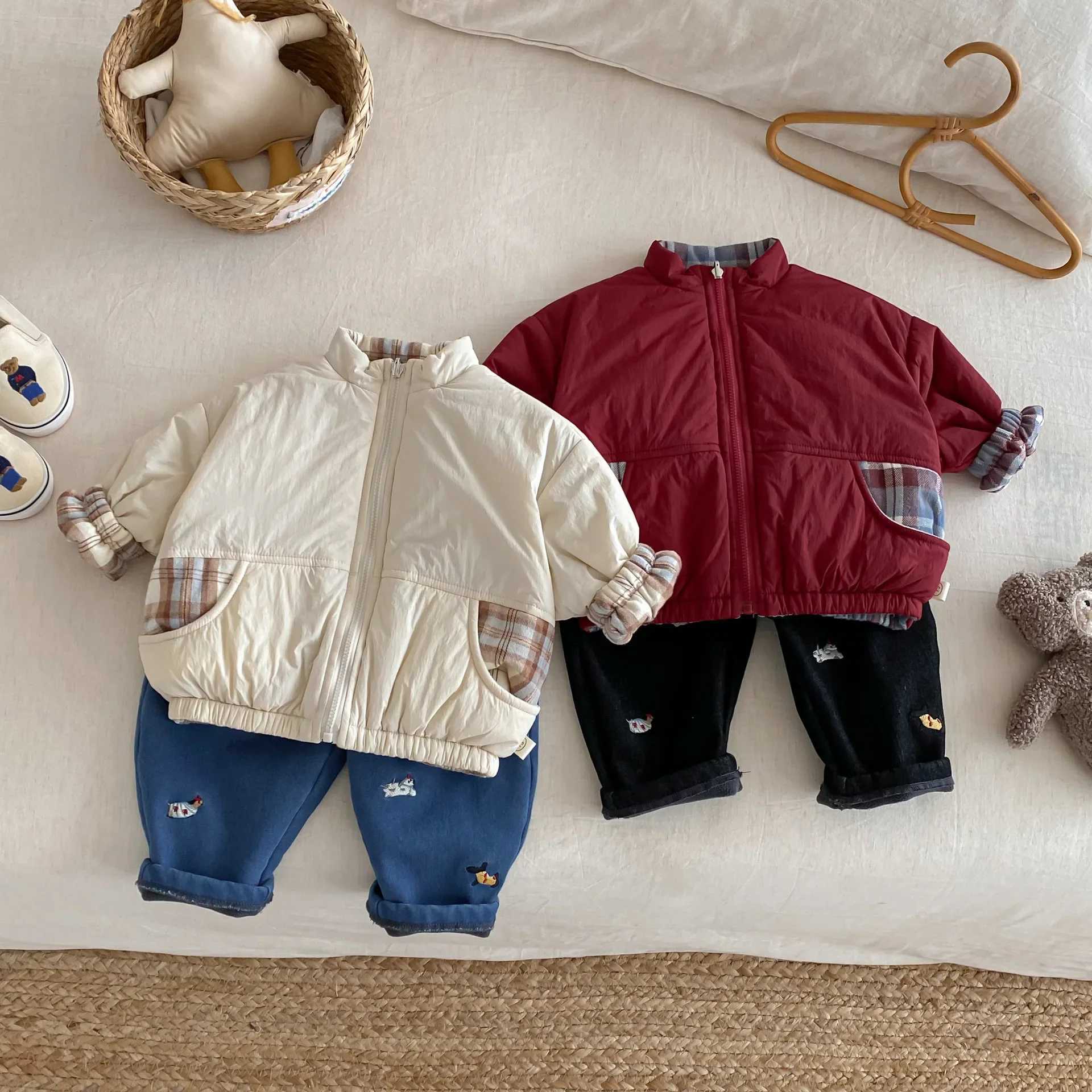 05Y Kids Boys Girls Cotton Padded Jacket DoubleSided Cartoon Embroidery Warm Winter Coat Children Thickened Outerwear Outfit Y251023