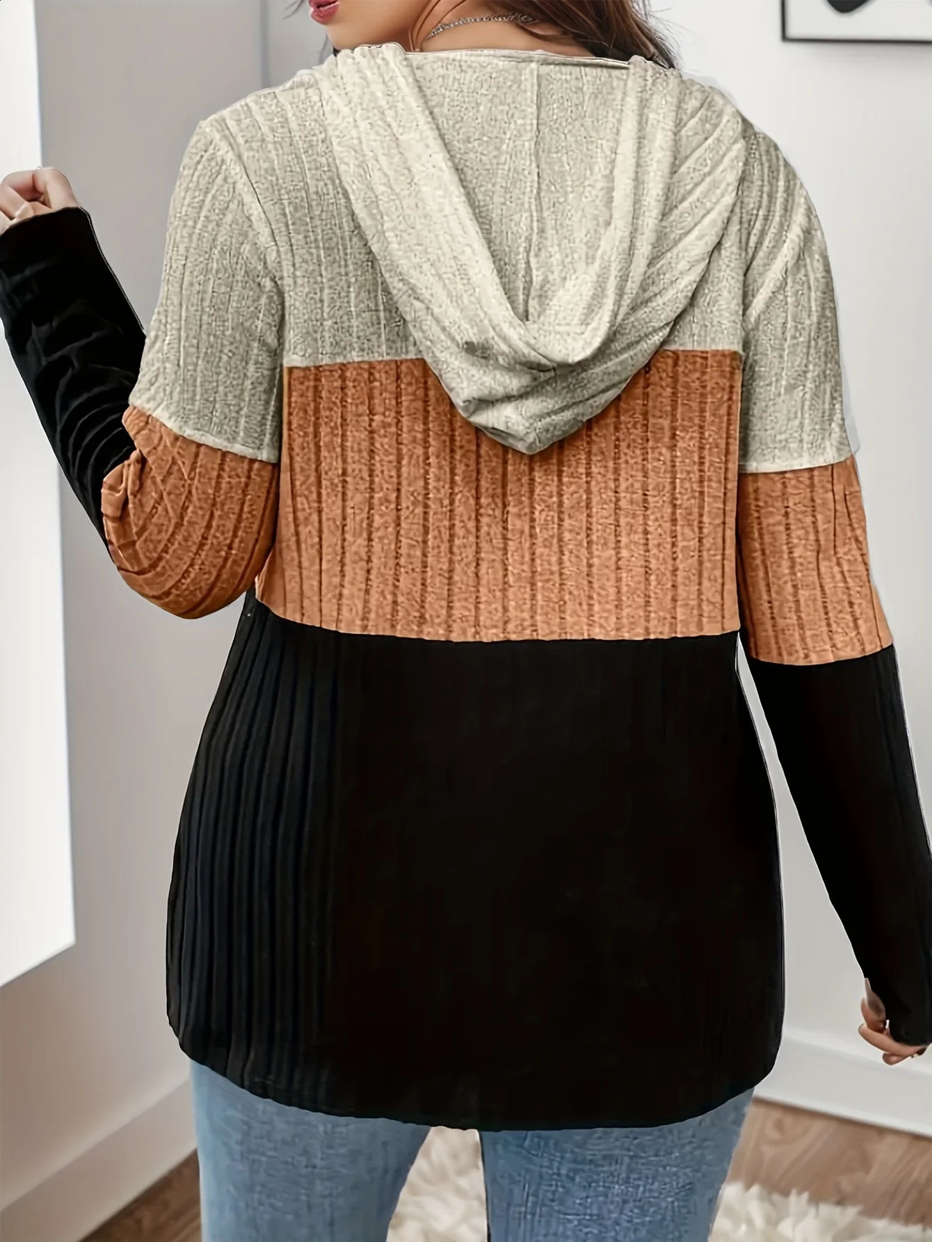 Plus Size Womens Hooded Fashion Knit Ribbed Cardigan Sweatshirt 251022