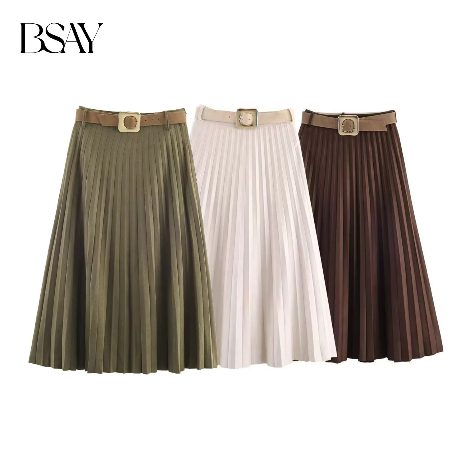 BSAY autumn product womens clothing fashion temperament solid color with belt pleated MIDI skirt long 251022