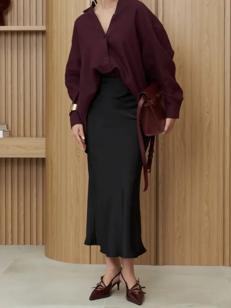 Black Womens Skirt Fashion Temperament Elegant Long Autumn Simple Comfort Champagne Elastic High Waist Skirts 251022