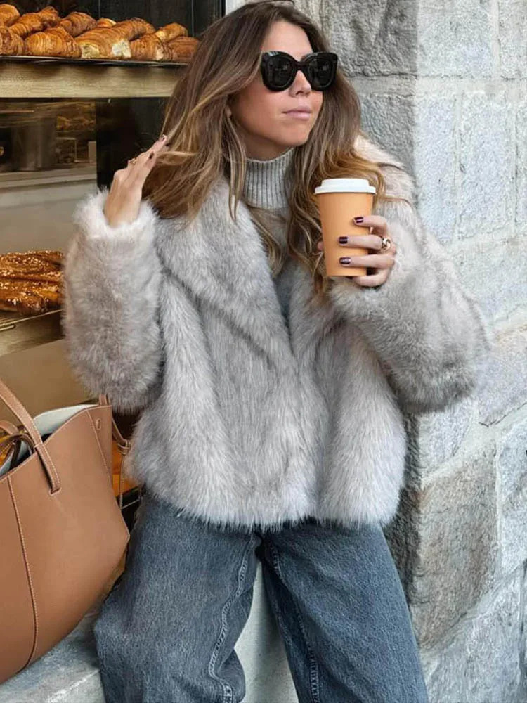 HH Women Fashion Cropped Faux Fur Jacket Coat Long Sleeve Front Snapbutton Female Outerwear Chic Lapel Collar Thick 251022