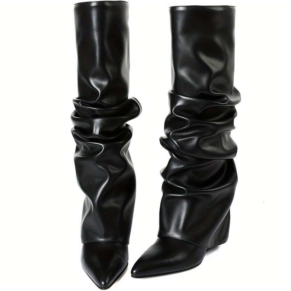 2026 Women's Knee High Shark Foldable Loose Pleated Boots, Wedge-Shaped High-Heeled Pointed Ankle Boots