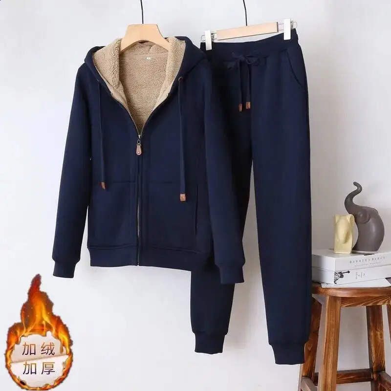 Womens Autumn Winter Plush Thickened Warm Tracksuits Casual Solid Zipper Long Sleeve Hooded Coat And Sweatpants Two Piece Sets 251022