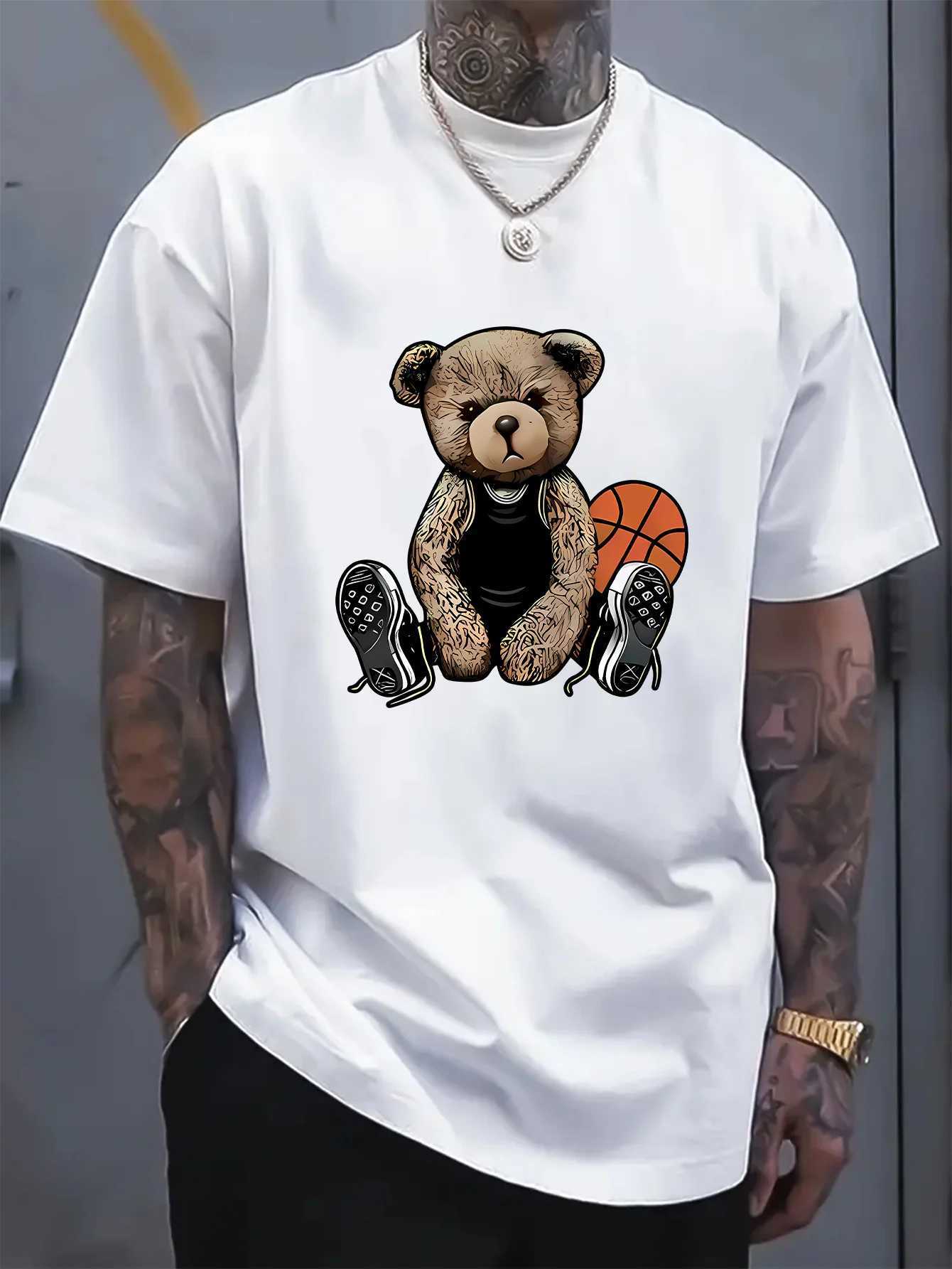 Mens Summer Fashion Fun Basketball Bear Print Comfortable Breathable Round Neck Tshirt Outdoor Casual TopXJ251023