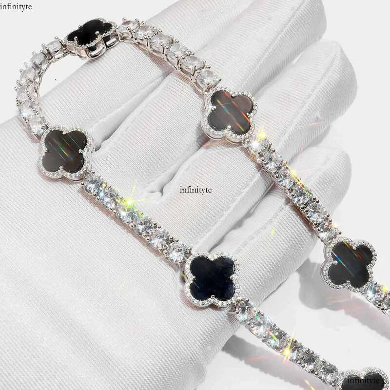 VVS Tennis Chain with Black Agate Clover Leafs Iced Out Moissanite Necklace Officiant Anniversary Gift 111