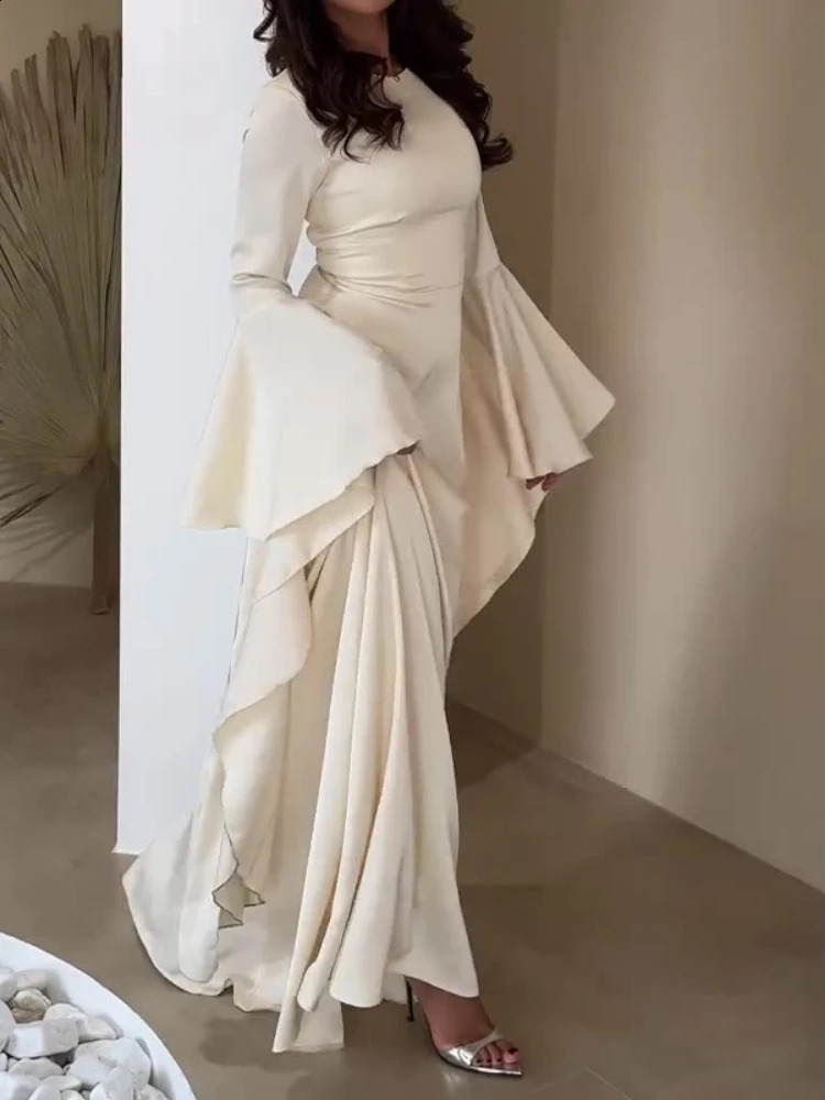 Elegant Solid Color O Neck Chiffon Straight Modest Casual Party Robe Simple Big Swing Sleeves Aline Loose Evening Dress 251022