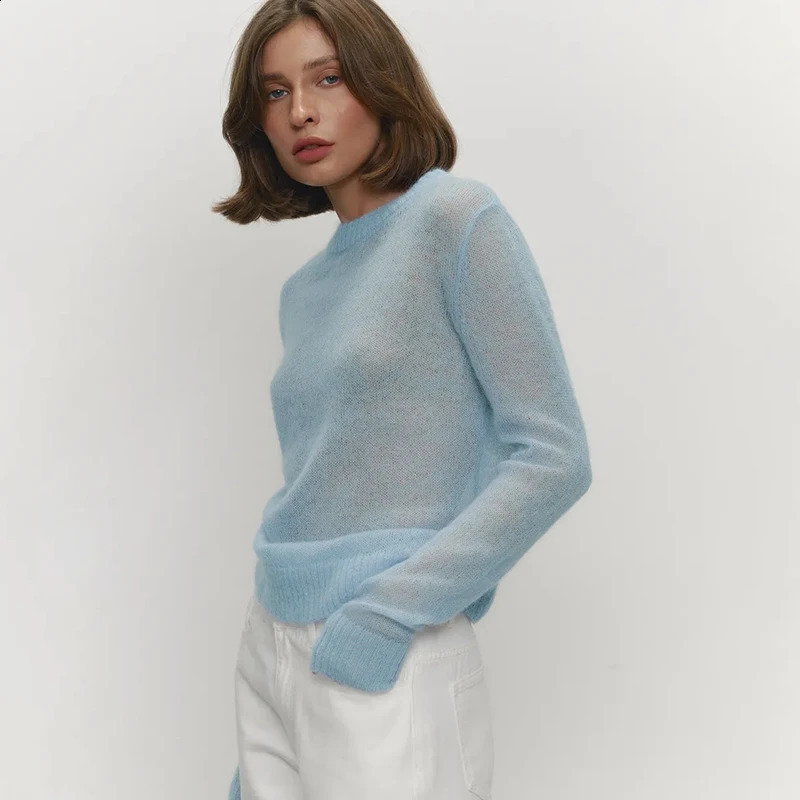 Tornova Mohair Knit Sweater Womens Long Sleeves ONeck Pullover Sweater Lady Loose See Through Top Solid Casual Summer Fashion 251023