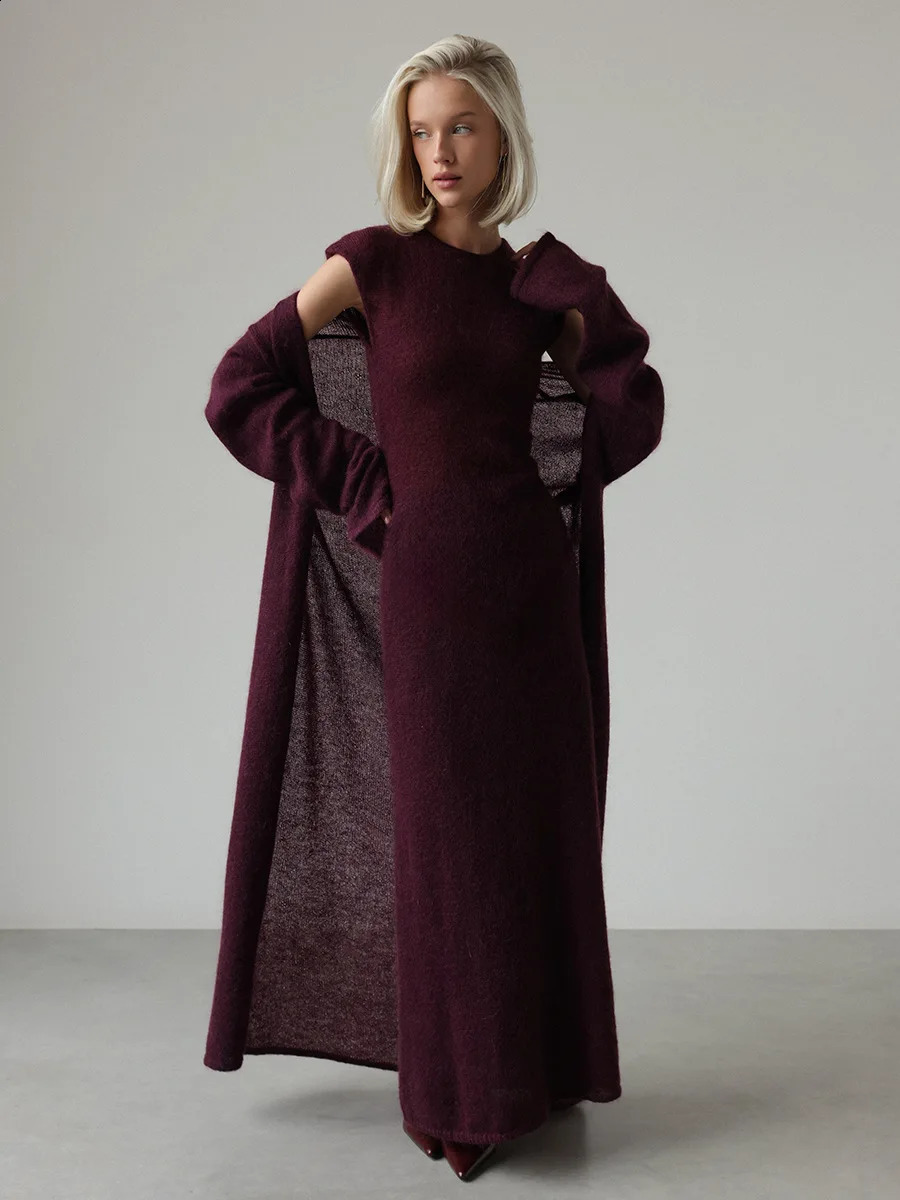 Bornladies Womens Autumn Knit Cardigan Sleeveless Dress Set Solid Color Trendy Maxi Length Elegant Fashion Dress 2Piece Set 251013