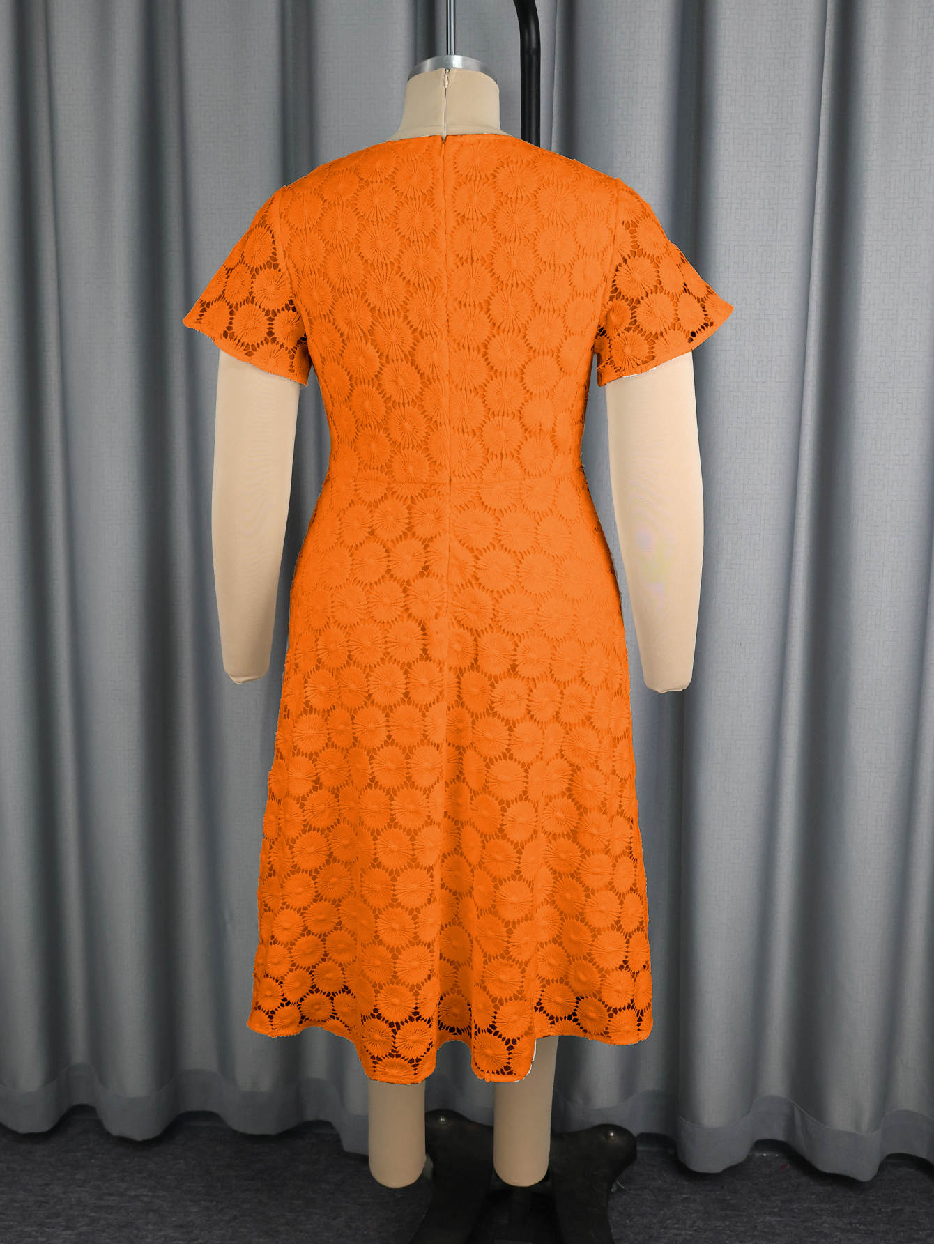 Elegant Orange Summer Casual Hollow Out Lace Dot Women Short Sleeve A Line AOMEI Midi Dresses for Plus Size AM050748