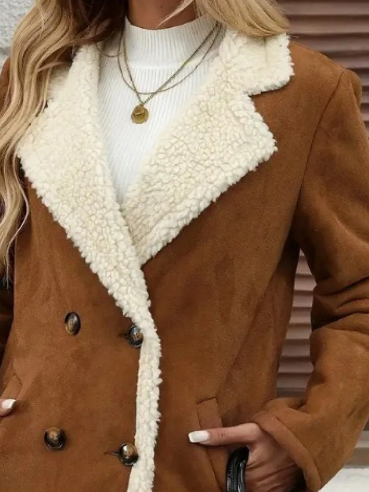 Autumn Winter Womens in Solid Color Overcoat Clothing Fleece Suede Medium Long Woolen Casual Notched Lapel Warm Jacket 251018