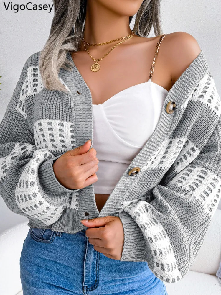 VigoCasey Autumn V Neck Single Breasted Sweater Cardigan Winter Women Casual Stripe Lady Loose Short Knitted Coat 251022