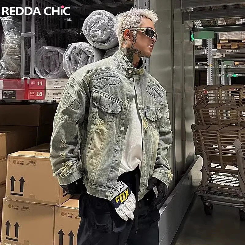 REDDACHIC 90s Retro Destroyed Denim Jacket Men Distressed 3D Padded Long Sleeves Loose Casual Bomber Coat Biker Moto Y2k Outwear 251017