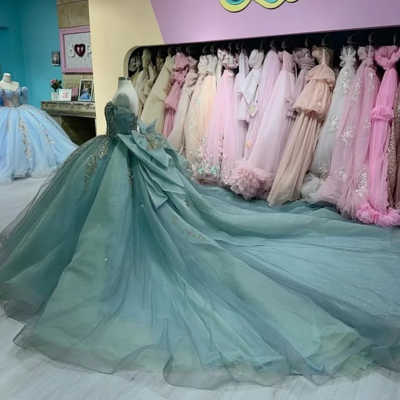 Mint Green Shiny Quinceanera Dresses off the shoulder Applique Lace Beading Crystal Tull Bow glitter vestidos de 15 anos sweet 16 dress