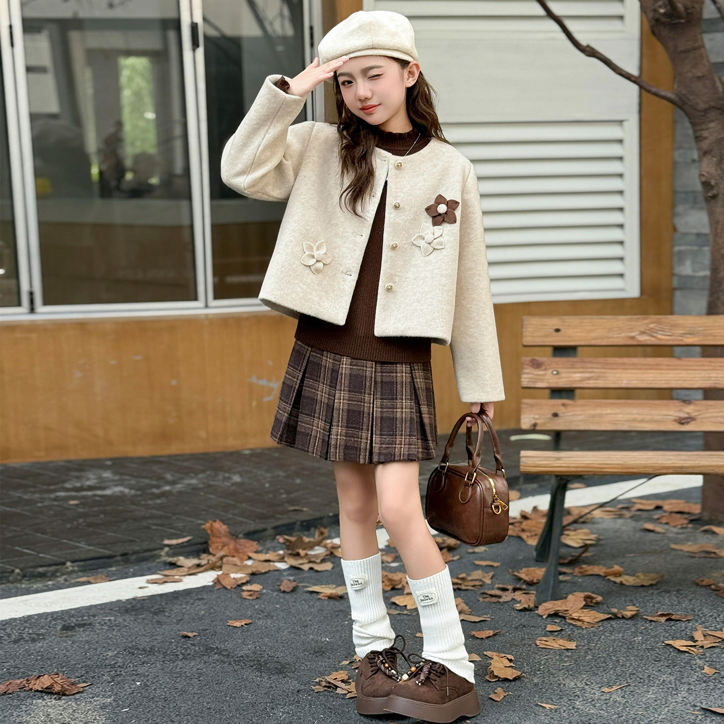 Girl Korean designer set autumn and winter new item plus size children's short jacket plaid skirt three piece set fashionable