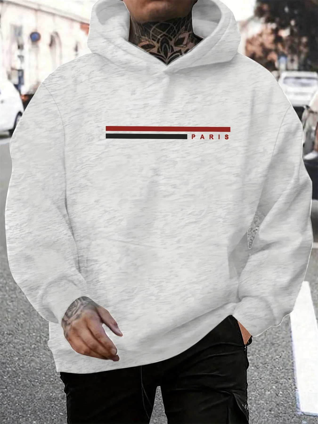 Mens autumn and winter casual fashionable loose hooded sweatshirt with Paris pattern printed long sleeved warm pulloverT251023