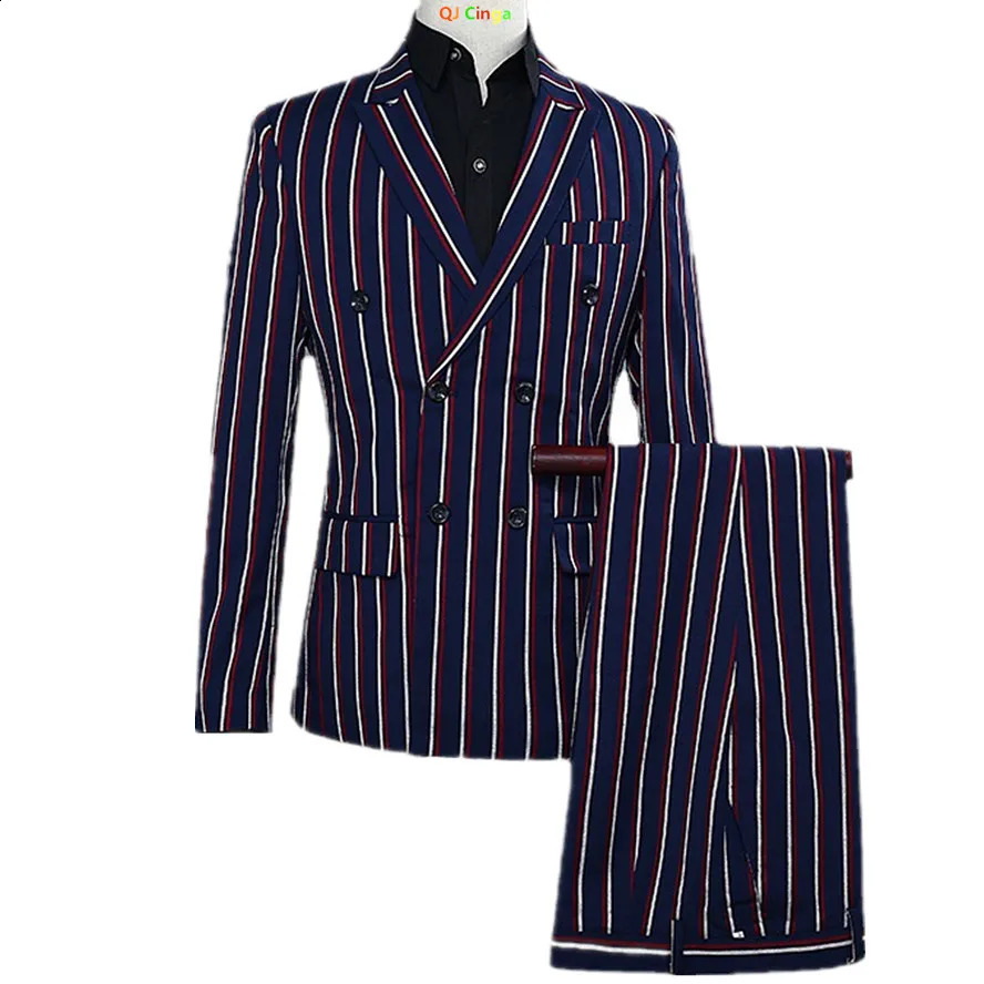 Navy Blue Mens Doublebreasted Suit Twopiece Set White Vertical Striped Jacket Paired with Matching Trousers Asian Size SXXL 251023