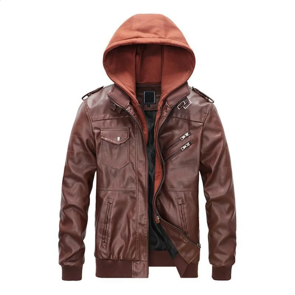 Winter Leather Jacket Mens Hooded Multipocket Large Size PU Coat Casual Clothing 251023