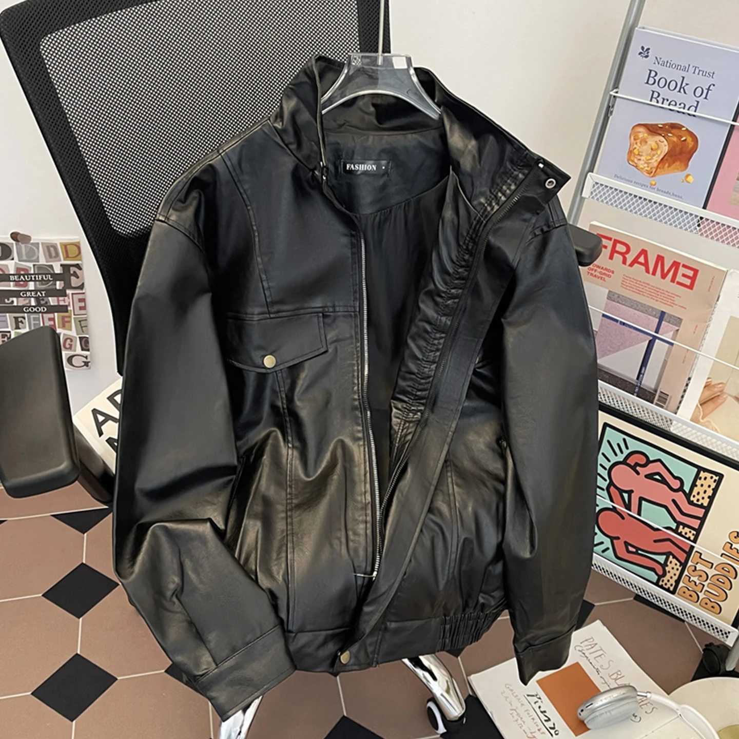 Stand Up Collar PU Leather Jacket For Men Spring Autumn Black Windproof Coat American Casual Fashion Retro Moto Biker Jackets W251023