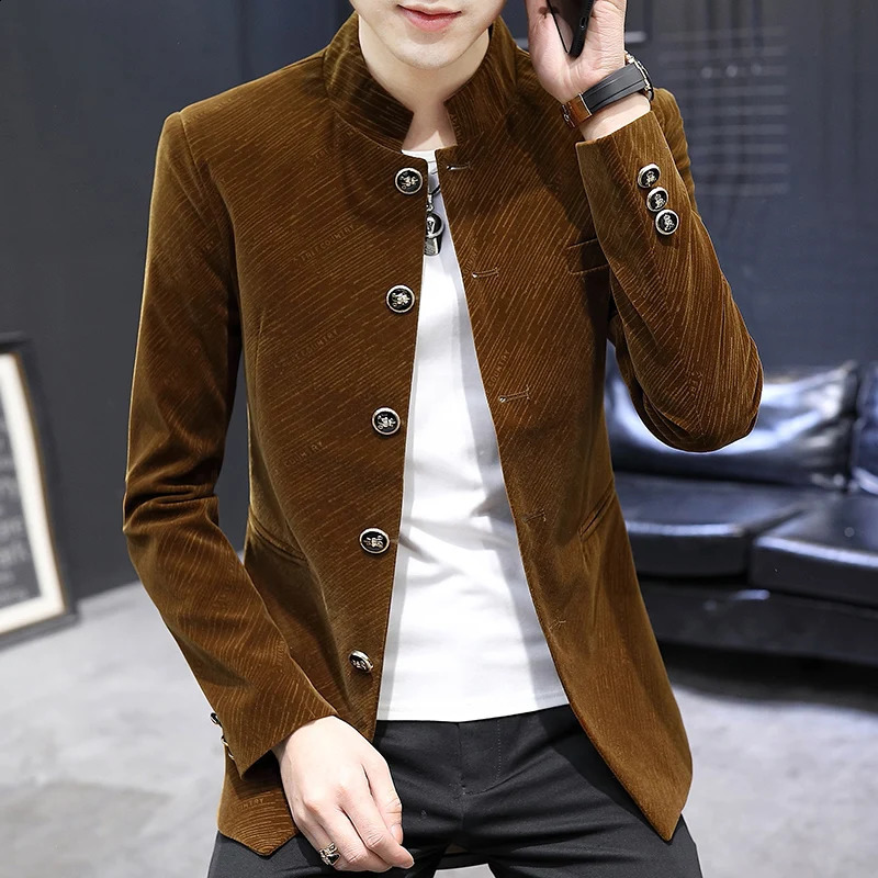 Mens coat with fleece and thickened autumn winter Koreanstyle Zhongshan suit young trendy cool standup collar 251023