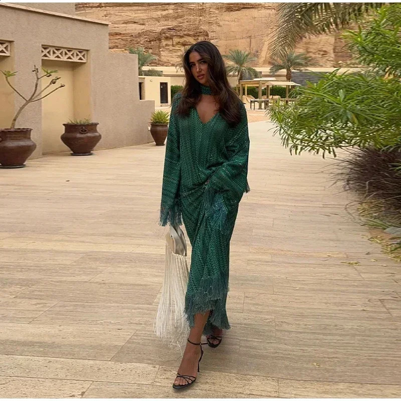 Elegant Tassel Hem Long Dress Women Loose Vneck Full Sleeve Scarf Dresses Autumn Party Evening Luxurious Lady Robe 251022