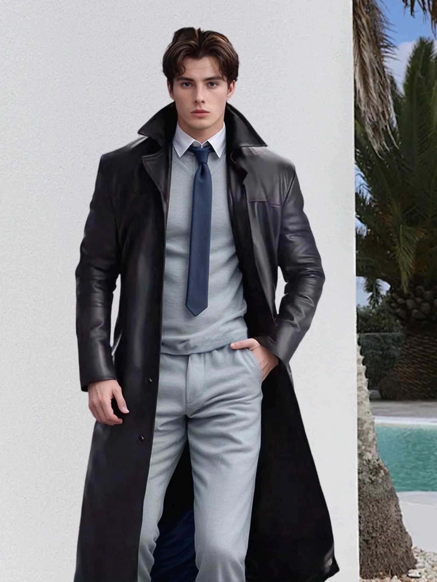 Men s Faux Leather Jacket Classic Lapel Collar Long Sleeve Button Closure Windproof Coat for Fall Winter Wardrobe W251023
