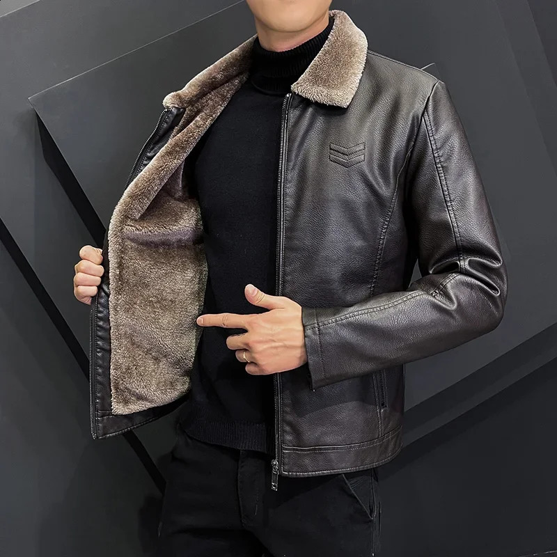 Winter Fashion Warmth Thickened Leather Jacket Lapel Solid Zipper n Plus Size Mens Bomber Fleece Coat 251023