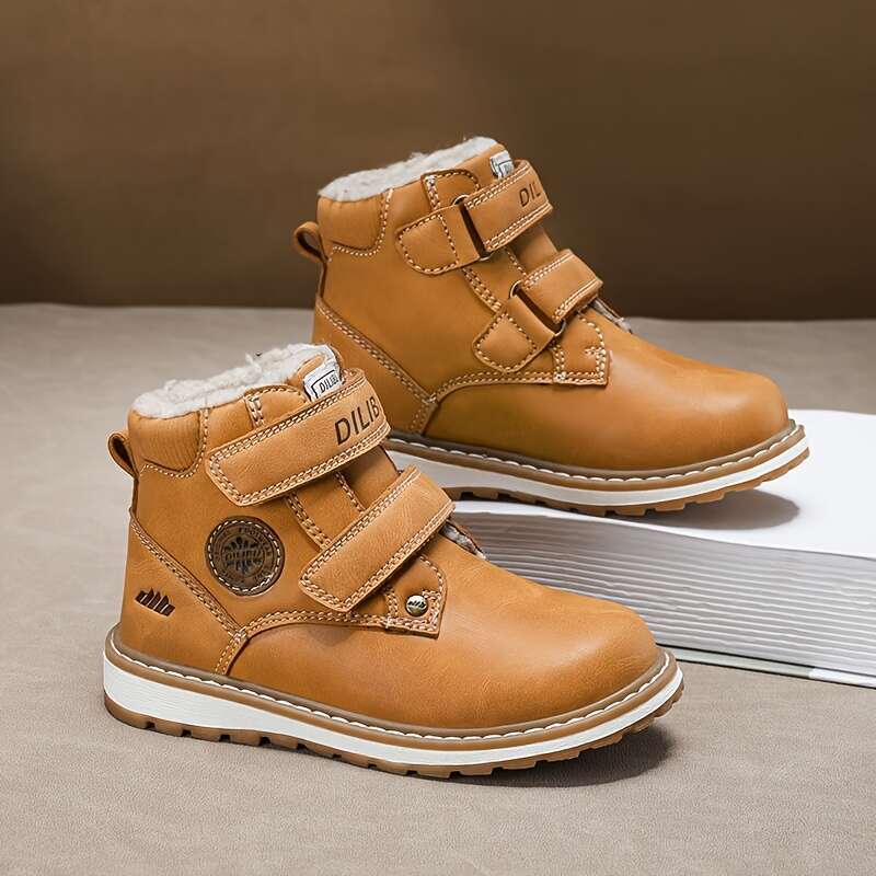 Boys' High-Top Snow With Fleece Warm Mid-Calf Hiking Shoes, EVA Sole & Hook-And-Loop Closure, Brown - Perfect For Outdoor Adventures, Winter Boot