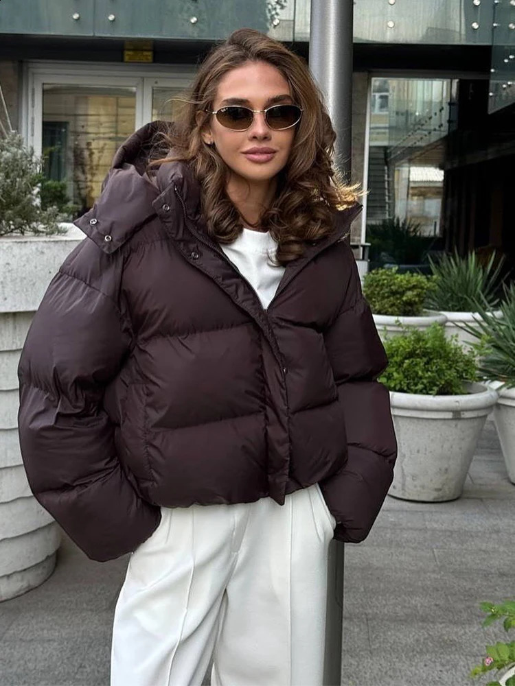 Women Autumn Hooded Short Cotton Coat Casual Brown Stand Collar Full Sleeve Loose Jacket Chic Lady Winter Office Commute Outwear 251022