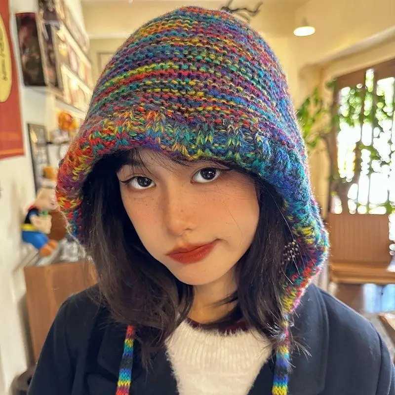 1pc New Rainbow Striped Knitting Beanie Hat Women Girl Winter Warm Crochet Ear Protection CapXJ251023