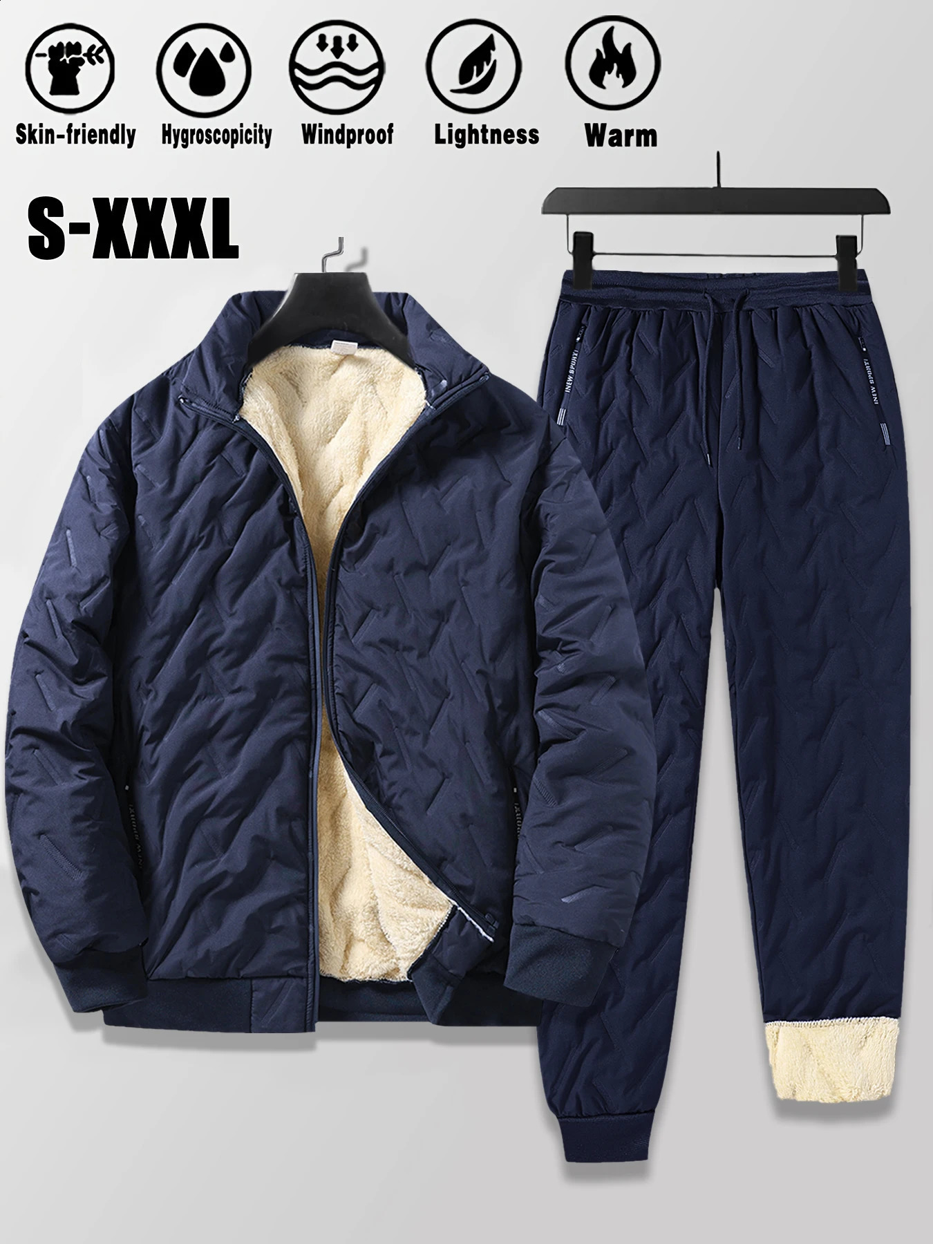 Mens Lamb Fleece Cotton Jacket and Pants 2piece Set Autumn Winter Thick Warm Sports Suit Casual Solid Color Coat 251023